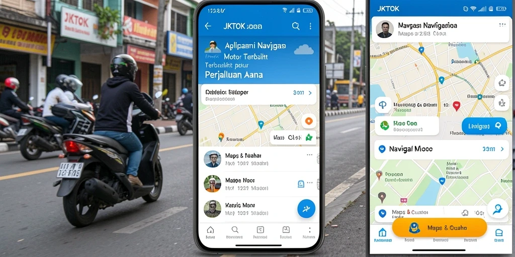 Tampilan antarmuka utama JKTOK dengan peta dan rute navigasi motor.