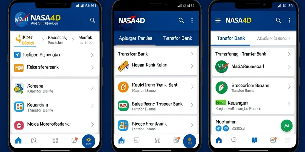 Screenshot antarmuka aplikasi NASA4D menunjukkan fitur transfer bank yang mudah digunakan.
